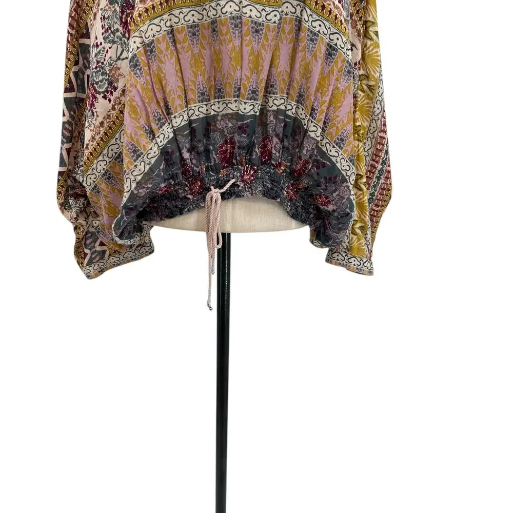 Free People Hold On Tight Gauze Pullover‎ Top Hooded Floral Paisley XS Small